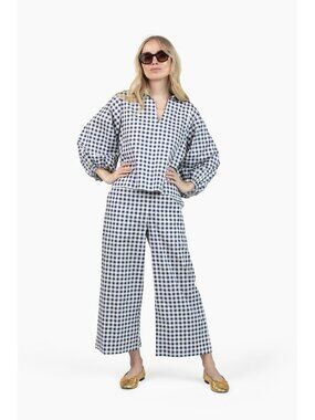 QUIET CULTURE Take Pause Pant Set Gingham Navy Size Large NWT